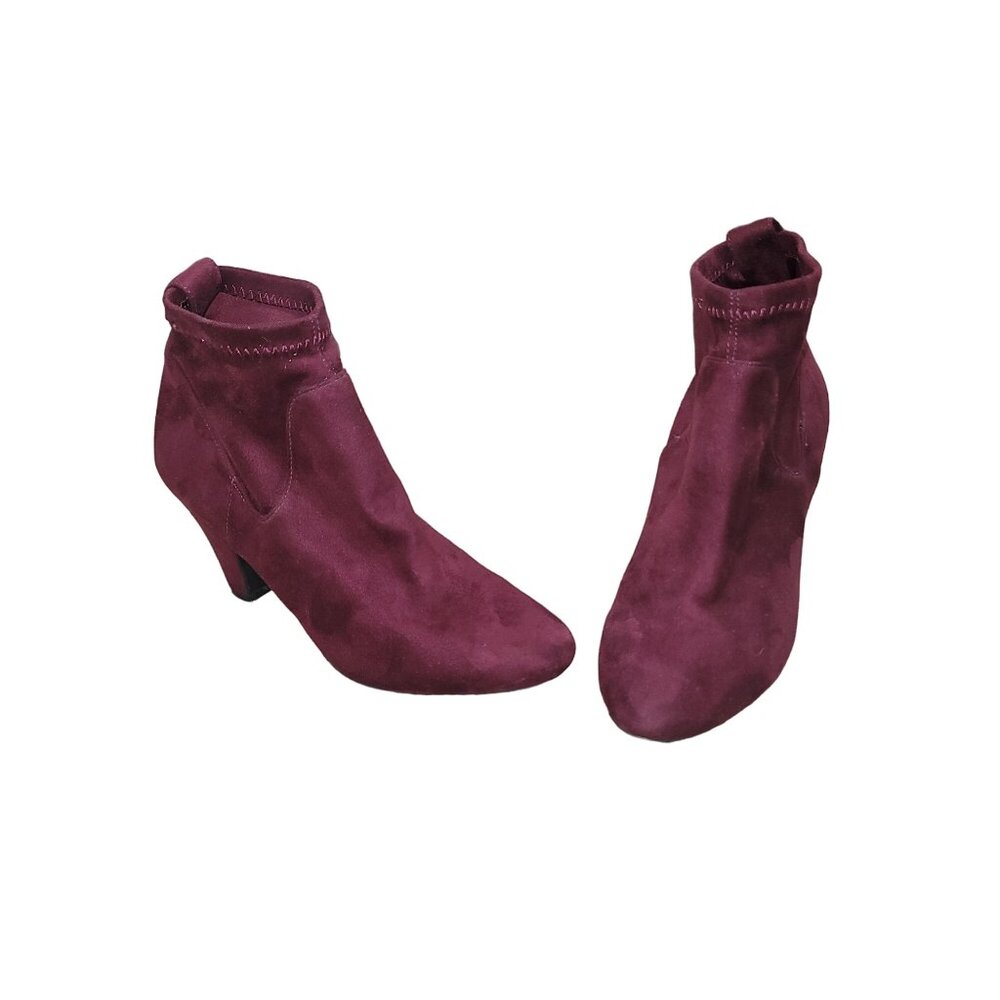 BCBG Women's Burgundy Faux Suede Ankle Sock Boots 8M‎ Work Office Whimsigoth Y2K